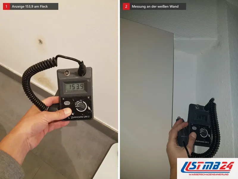 Zwei Ansichten: Messgerät mit Anzeige 153,9 vor einer Wand mit kleinem Fleck, daneben Messgerät an einer weißen Wand