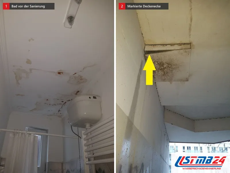 Zwei Ansichten: Bad vor der Sanierung mit abblätternder Decke und hoch hängendem Spülkasten, daneben Schimmel in einer Deckenecke, gelb markiert