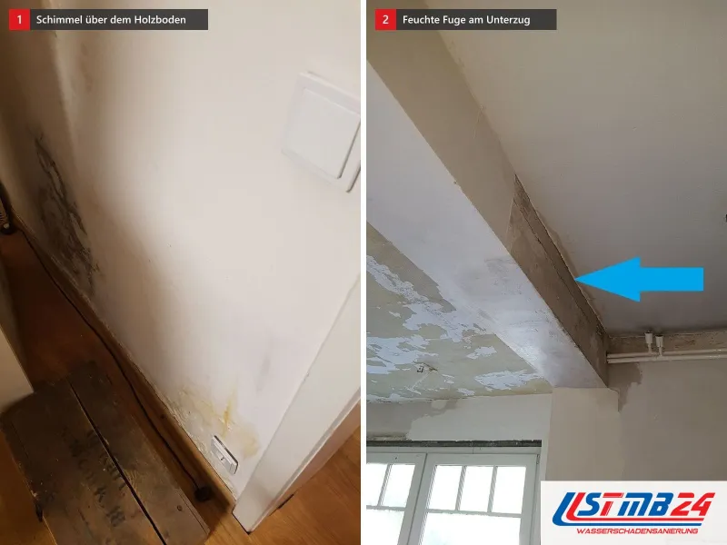 Zwei Ansichten: Wandecke mit Schimmel über einem Holzboden, daneben Zimmerdecke mit Unterzug und blauem Pfeil auf die feuchte Fuge