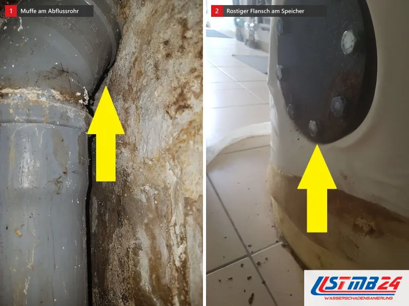 Zwei Ansichten: graues Abflussrohr mit gelbem Pfeil auf die Muffe vor nasser Wand, daneben Warmwasserspeicher mit rostigem Flansch und nasser Hülle