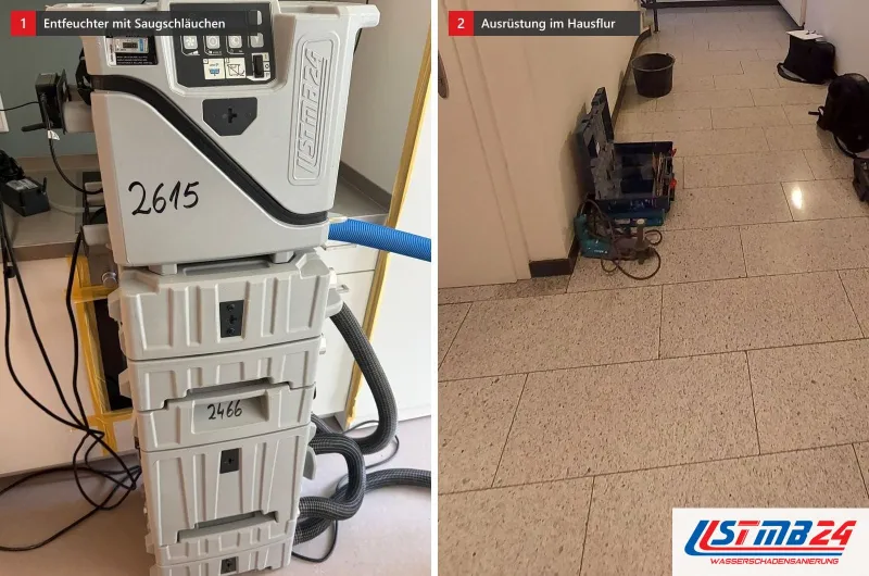 Luftentfeuchter mit STMB24-Schriftzug auf Turbinen mit grauen Saugschläuchen, daneben Koffer und Eimer im Hausflur unter der Treppe