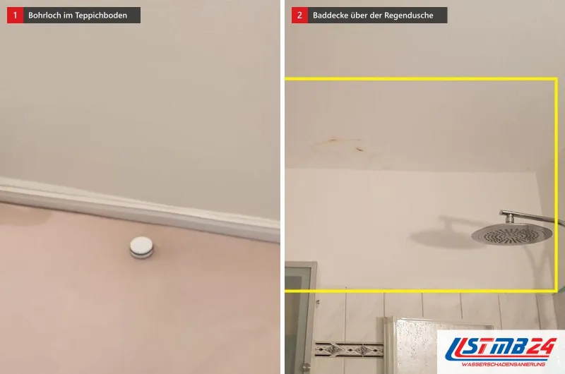 Heller Teppichboden mit dem weißen Deckel eines Bohrlochs und eine gelb eingerahmte Baddecke über einer Regendusche
