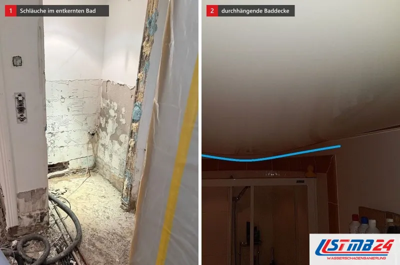 Entkerntes Bad mit Trocknungsschläuchen am Boden und eine Baddecke über der Dusche, eine blaue Linie zeigt, wie weit sie durchhängt