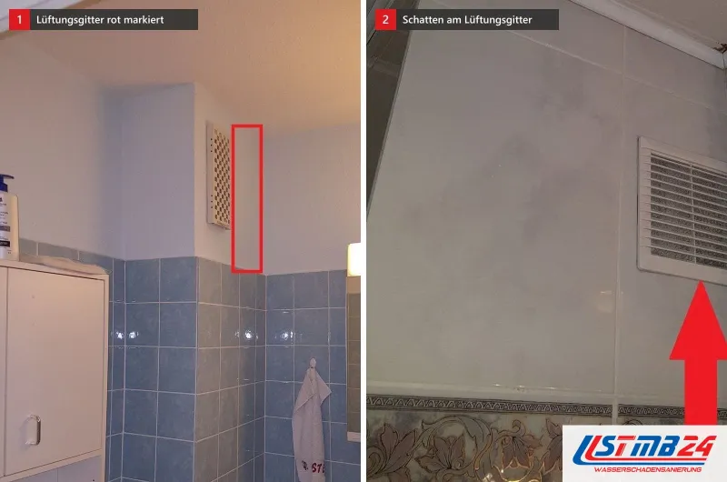 Bad mit hellblauen Fliesen und rot gerahmtem Lüftungsgitter, daneben ein Bad mit Kunststoffpaneelen, ein roter Pfeil auf graue Schatten am Gitter