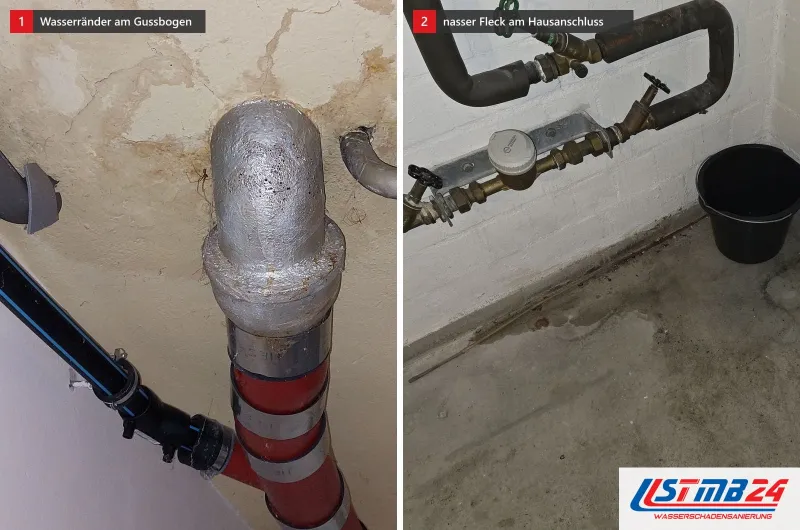 Zwei Bilder: links ein Gussbogen mit umwickeltem Abflussrohr unter einer fleckigen Decke, rechts ein Hausanschluss mit Wasserzähler über nassem Boden