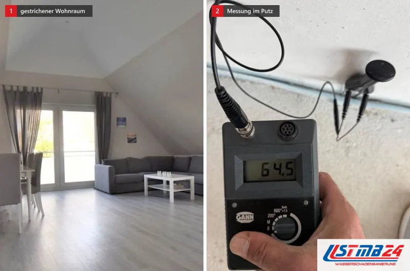 Zwei Bilder: links ein frisch gestrichener Wohnraum unter dem Dach, rechts ein Messgerät mit 64,5, die Stifte stecken im Putz über dem Estrich