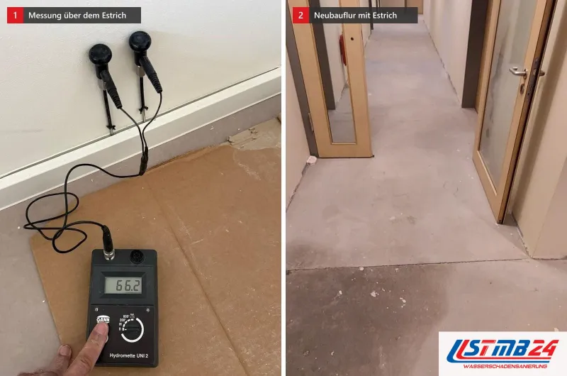 Zwei Bilder: links ein Messgerät auf Pappe, die Elektroden stecken über der Sockelleiste, rechts ein Neubauflur mit Estrich und Türen
