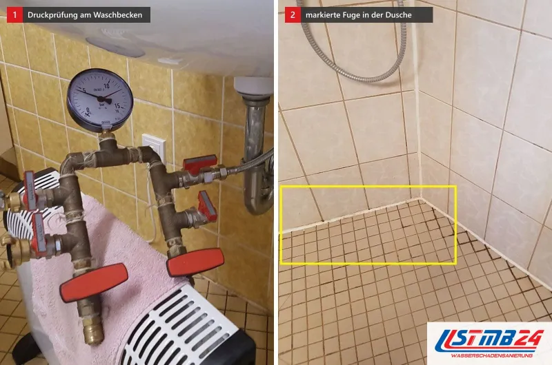 Zwei Bilder: links Prüfventile mit Manometer an einem Waschbecken vor gelben Fliesen, rechts eine gelb markierte Fuge am Mosaikboden einer Dusche