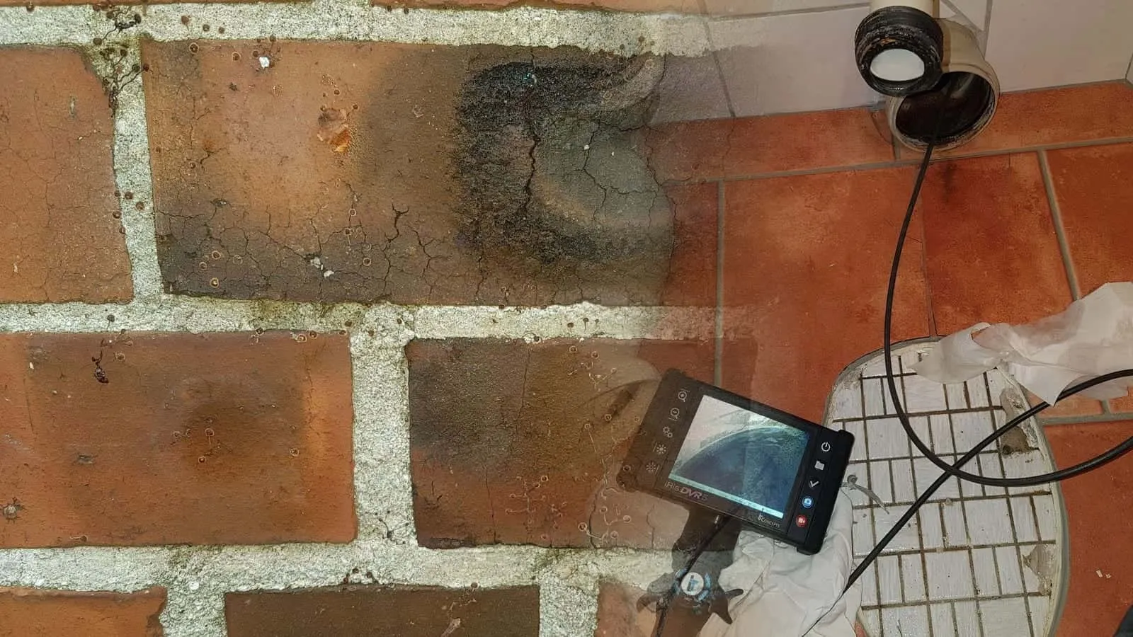 Videoendoskop im WC-Anschluss, der Monitor zeigt das Rohr