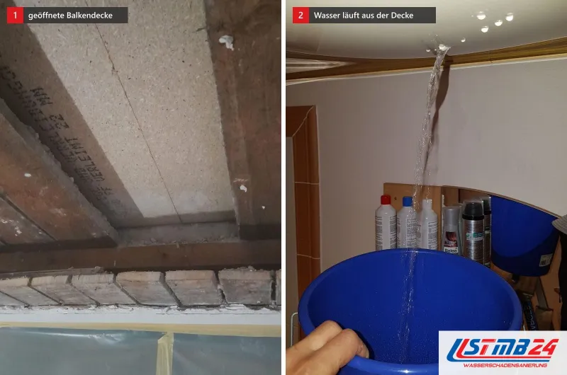 Zwei Bilder: links eine geöffnete Decke mit alten Holzbalken über Folie, rechts ein Wasserstrahl aus der Decke, der in einen blauen Eimer läuft