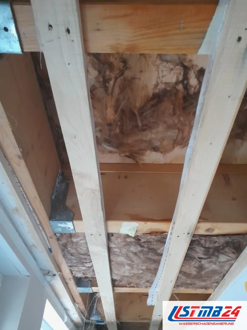 Geöffnete Decke mit Lattung, darüber Holzschalung und braune, nasse Dämmung