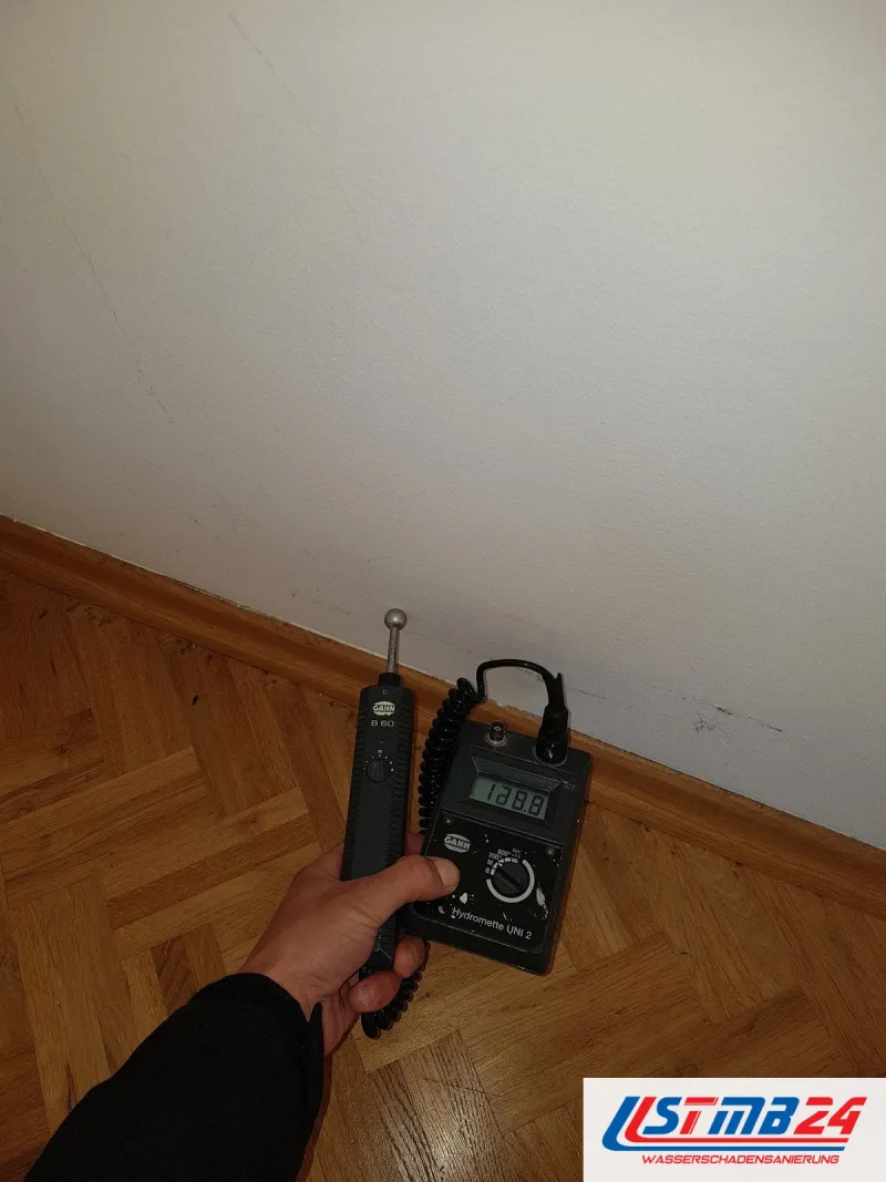 Messgerät mit Kugelsonde am Wandsockel über einem Fischgrätparkett