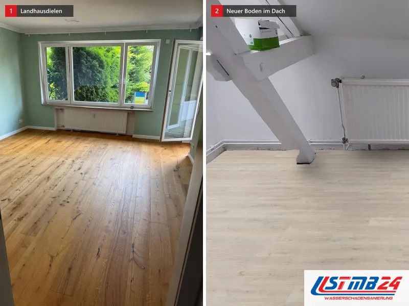 Zwei Ansichten: Landhausdielen aus Eiche in einem Wohnzimmer mit mintgrünen Wänden, daneben ein Dachgeschoss mit weißen Holzstreben und hellem Boden