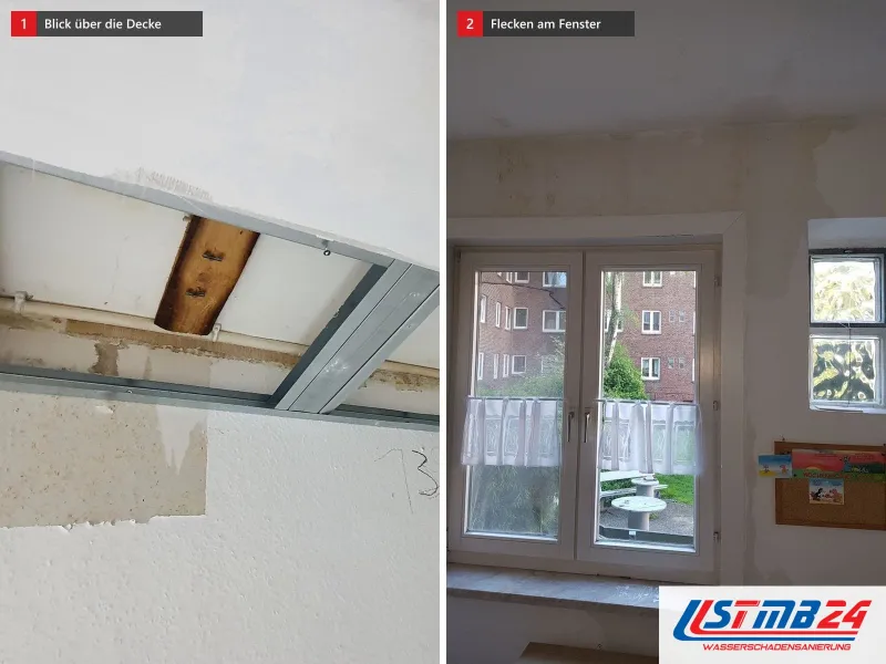 Zwei Ansichten: Öffnung in einer Gipskartondecke mit Metallprofilen und Holzbalken, daneben eine fleckige Wand am Fenster neben Glasbausteinen