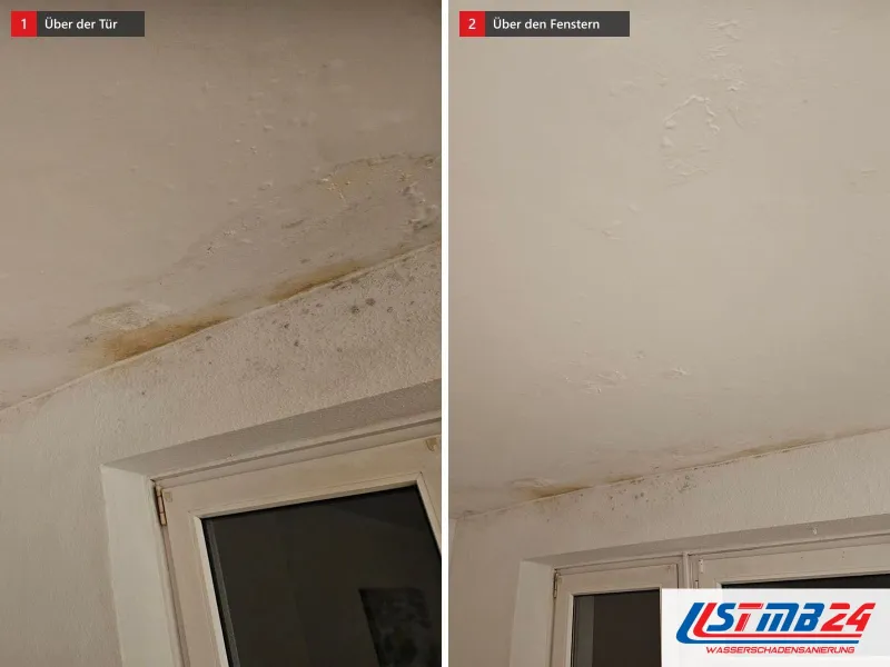Zwei Ansichten: Deckenecke mit gelben Wasserrändern über einer Tür, daneben dunkle Feuchteflecken an der Decke über zwei Fensterflügeln