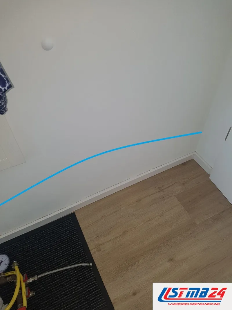 Laminat in Holzoptik vor einer weißen Wand, eine blaue Linie zeigt die Feuchtegrenze, vorn eine Prüfarmatur auf der Fußmatte