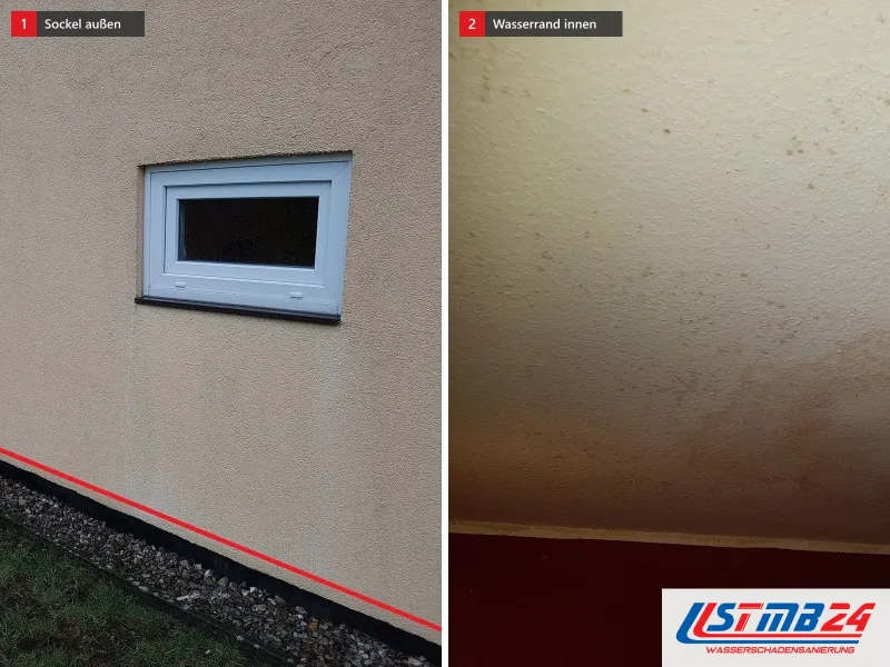 Zwei Ansichten: verputzte Hauswand mit Kellerfenster, eine rote Linie am Sockel, daneben eine Raufaserdecke mit braunem Wasserrand über roten Wänden