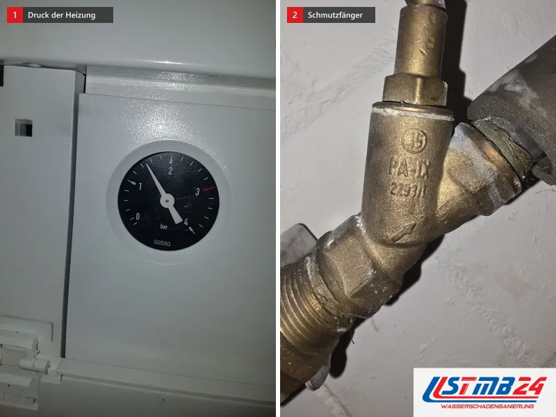 Zwei Ansichten: Manometer in der Front eines Heizgeräts, daneben ein Schmutzfänger aus Messing an der Leitung