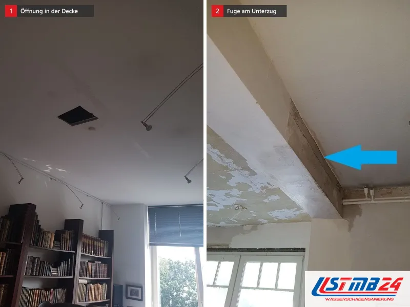 Zwei Ansichten: Zimmer mit Bücherregalen und quadratischer Öffnung in der Decke, daneben ein Unterzug, ein blauer Pfeil auf die feuchte Fuge