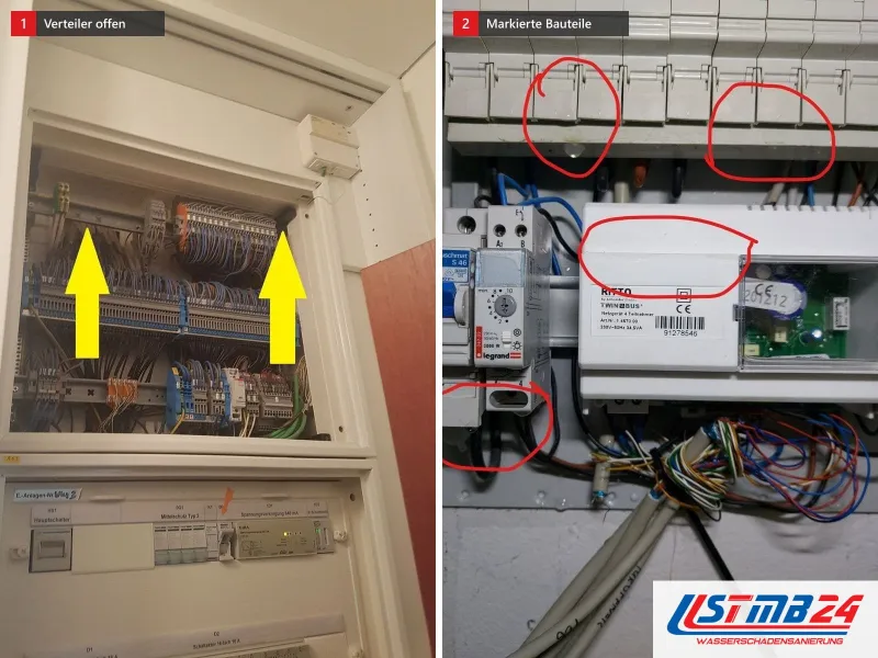 Zwei Ansichten: offener Verteiler mit Reihenklemmen und gelben Pfeilen, daneben Automaten und Busnetzgerät mit roten Kreisen