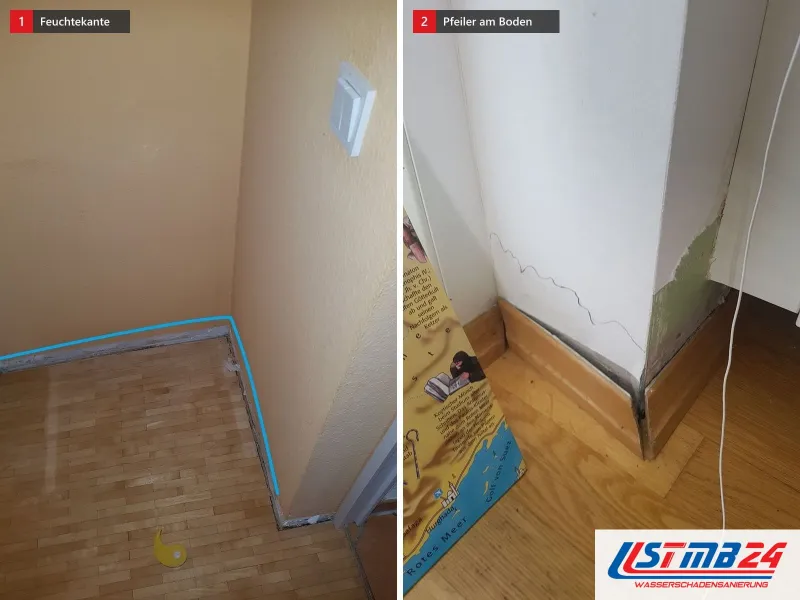 Zwei Ansichten: Zimmer mit Mosaikparkett, die Sockelleiste abgenommen, die Feuchtekante blau markiert, daneben ein Pfeiler mit verfärbtem Fuß