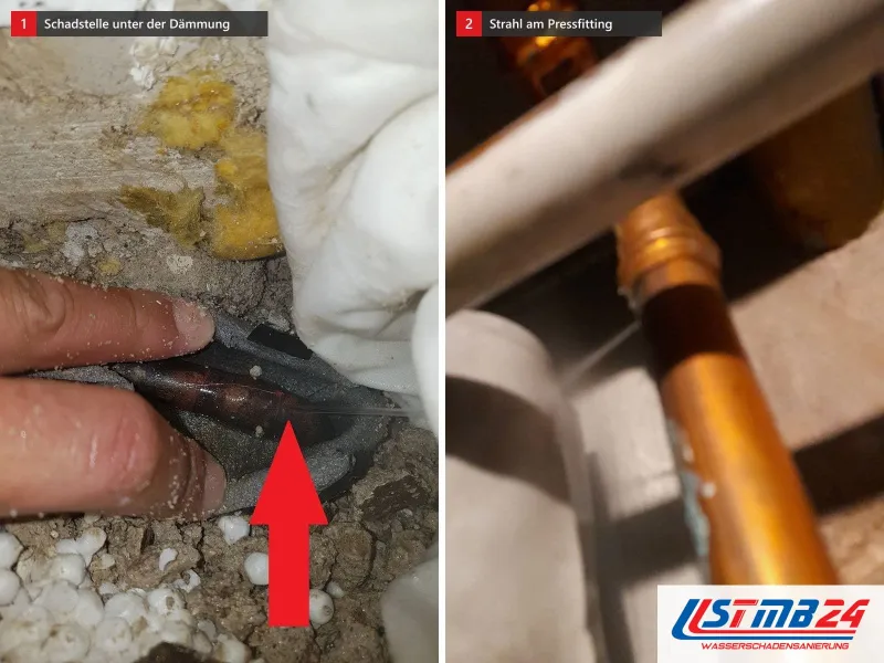 Zwei Ansichten: Finger halten die Rohrdämmung zur Seite, ein Pfeil zeigt die Schadstelle am Kupferrohr, daneben ein feiner Strahl am Pressfitting