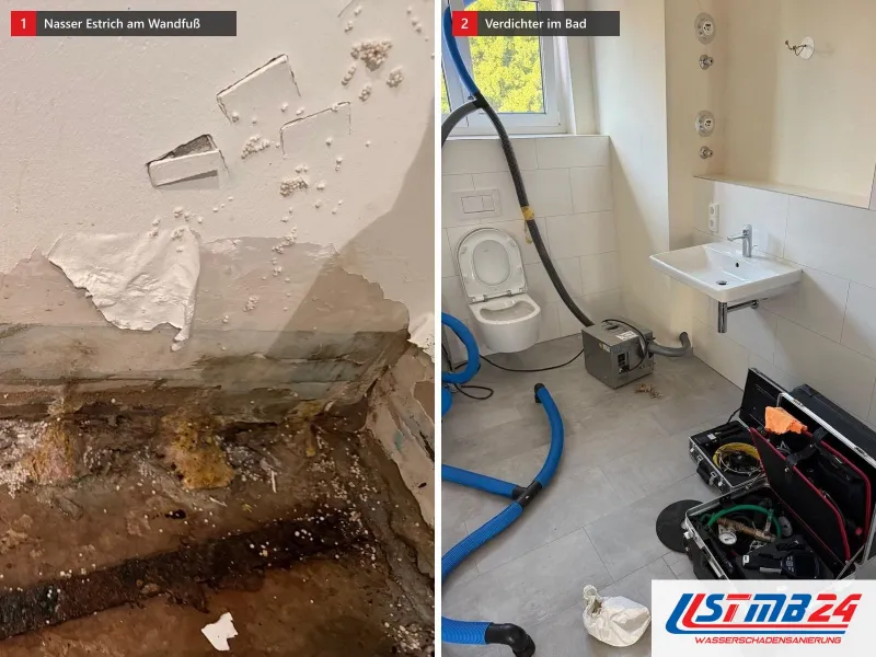 Zwei Ansichten: Wandfuß nach dem Rückbau mit nassem Estrich und Styroporkügelchen, daneben Bad mit blauen Schläuchen und Verdichter neben dem WC