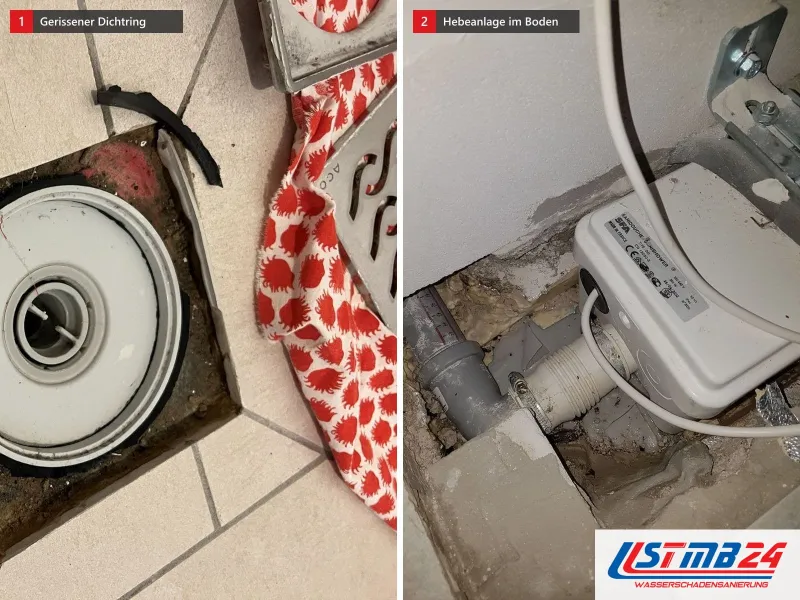 Zwei Ansichten: Bodenablauf mit aufgeschnittenen Fliesen und gerissenem Dichtring, daneben kleine Hebeanlage in einer Bodenöffnung mit Wasserrändern