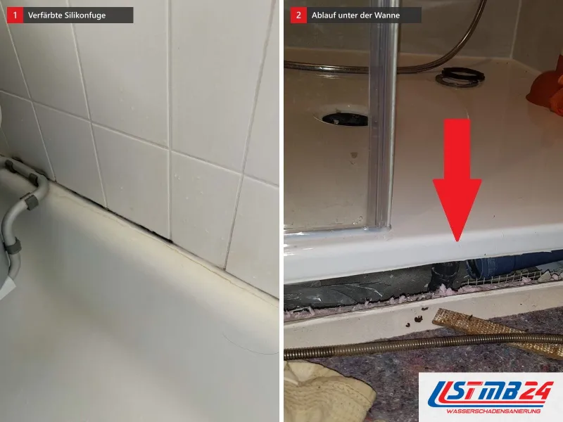 Zwei Ansichten: Silikonfuge an der Badewanne dunkel verfärbt und abgelöst, daneben Duschwanne mit abgenommener Schürze, ein Pfeil zeigt auf den Ablauf