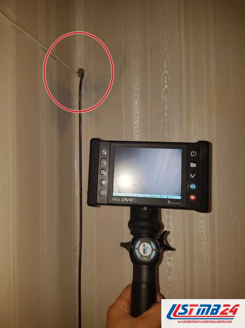 Endoskop mit Monitor vor gestreifter Tapete, das Kabel führt in eine kleine Bohrung neben dem Fleck, roter Kreis an der Stelle