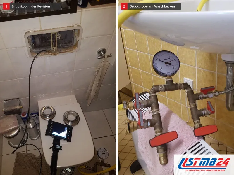 Zwei Ansichten: Endoskop in der Revisionsöffnung eines Wand-WCs, daneben Prüfventile mit Manometer unter einem Waschbecken vor gelben Fliesen