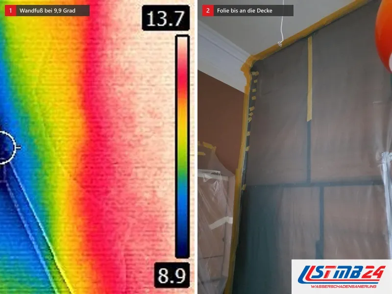 Zwei Ansichten: Wärmebild einer Ecke mit blauem Wandfuß bei 9,9 Grad, daneben Folienwand mit gelbem Klebeband unter der Decke