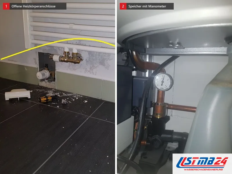Zwei Ansichten: Handtuchheizkörper mit offenen Anschlüssen über nasser Wand, daneben Speicher von unten mit Kupferanschluss, Manometer und Pumpe