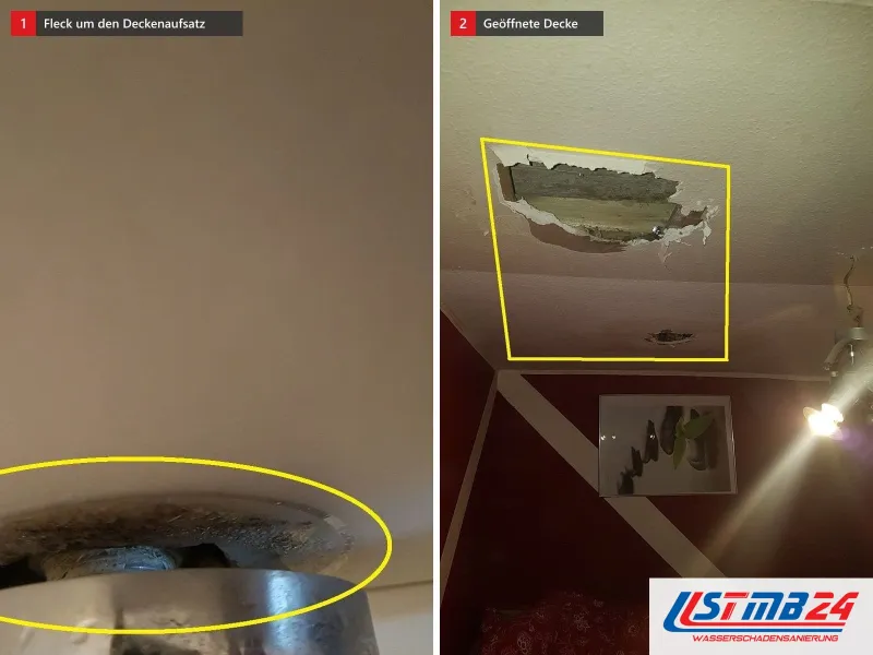 Zwei Ansichten: Wasserfleck an der Decke um einen Metallaufsatz, daneben aufgeschnittene Decke mit gelbem Rahmen über roter Wand