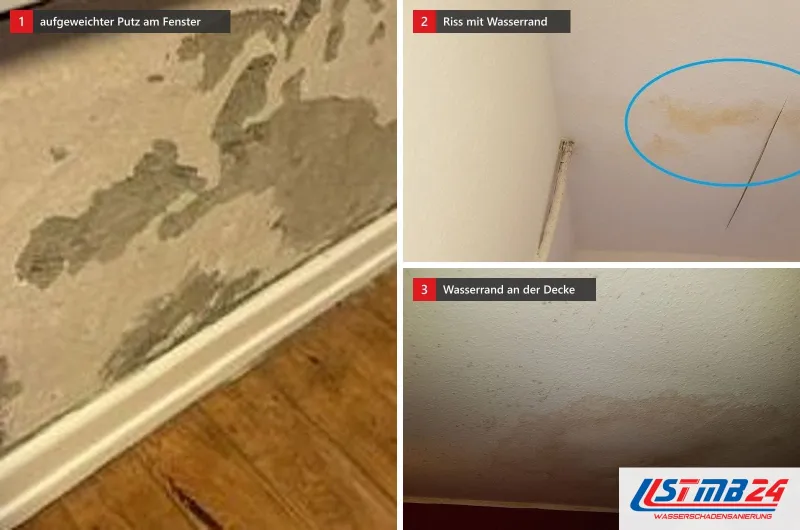 Drei Bilder: fleckiger, aufgeweichter Putz unter einer Fensterbank, ein Riss mit Wasserrand an einer hellen Decke und ein brauner Rand auf Raufaser