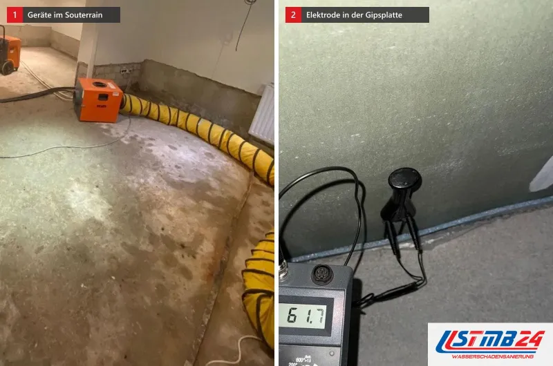 Zwei Bilder: ein Souterrainraum mit hellem Estrich, dunklen Wasserrändern und Geräten und eine Einschlagelektrode in einer grünen Gipsplatte