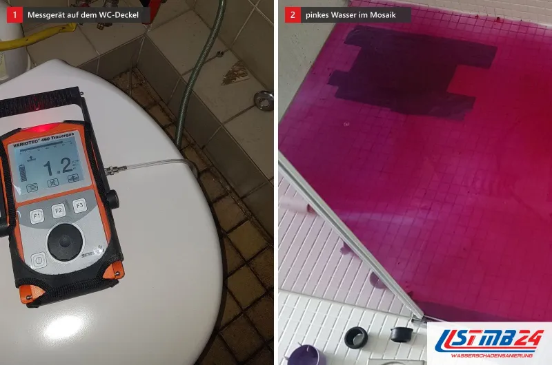 Zwei Bilder: ein Messgerät mit Anzeige auf einem WC-Deckel und pink gefärbtes Wasser auf einem Mosaikboden vor der geöffneten Glastür
