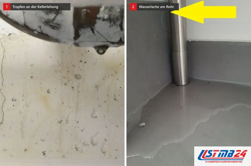 Zwei Bilder: Rohre unter einer Kellerdecke mit hängendem Wassertropfen und eine Wasserlache, die sich vom Edelstahlrohr über den Boden ausbreitet