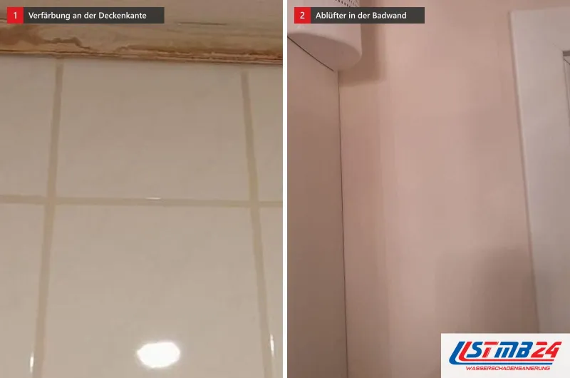 Zwei Bilder: eine verfärbte Deckenkante im Bad und ein Ablüfter in einer rosa Badwand unter der Decke