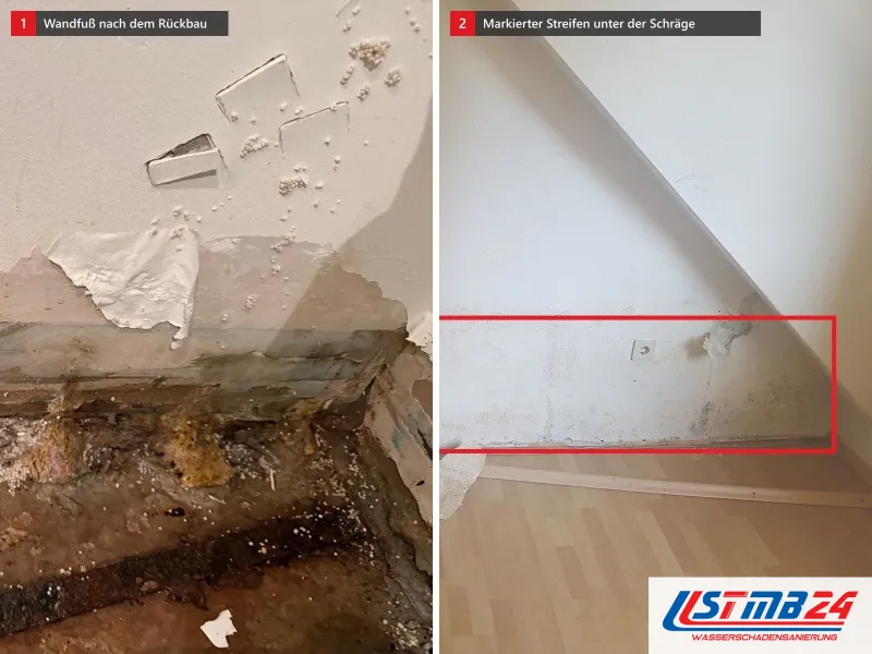 Zwei Ansichten: Wandfuß mit abgelöstem Putz über nassem Estrich, daneben Zimmer unter der Dachschräge mit rot markiertem Wandstreifen
