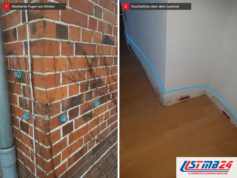 Zwei Ansichten: Hausecke aus rotem Klinker mit blauen Markierungen in den Fugen, daneben Wandecke mit blauer Linie über dem Laminat