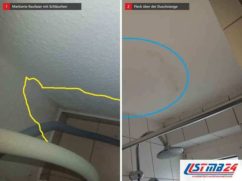 Zwei Ansichten: Raufaser an Decke und Wand mit gelb umrandeter Fläche und Schläuchen an der Fußleiste, daneben Baddecke mit blau umkreistem Fleck