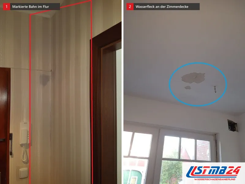 Zwei Ansichten: Wohnungsflur mit gestreifter Tapete und rot umrahmter Wandbahn, daneben helle Zimmerdecke mit blau umkreistem Wasserfleck