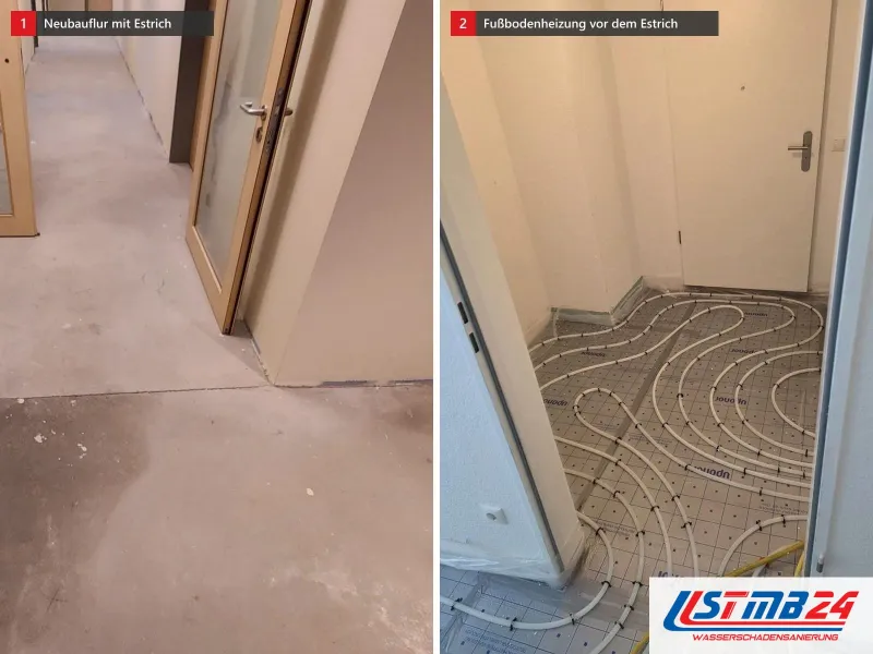 Zwei Ansichten: Neubauflur mit Estrich und Türen, daneben Flur mit frisch verlegten Heizrohren in Schlaufen auf der Dämmplatte