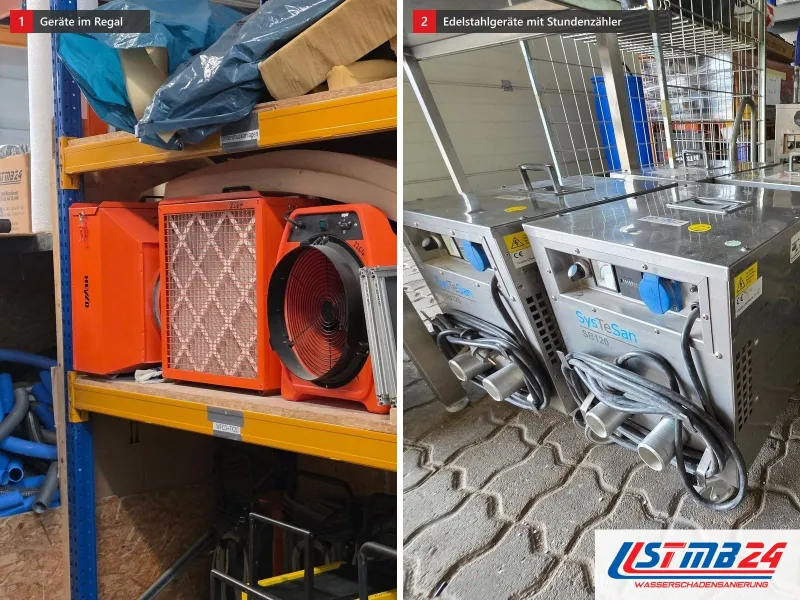 Zwei Ansichten: Regal mit Luftreiniger, Axialventilator und Trocknungsgerät, daneben drei Edelstahlgeräte mit Zeigerinstrument und Stundenzähler
