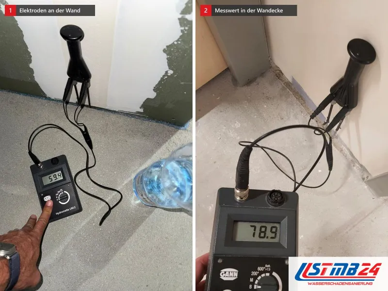 Zwei Ansichten: Messgerät mit Elektroden an der Wand über dem Estrich, daneben Messgerät mit Anzeige 78,9 an einer Wandecke über unbelegtem Estrich
