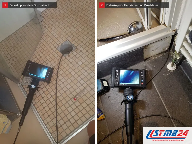 Zwei Ansichten: Mosaikdusche mit Endoskop vor dem Ablauf, daneben Endoskop vor einem Heizkörper und einer Duschtasse
