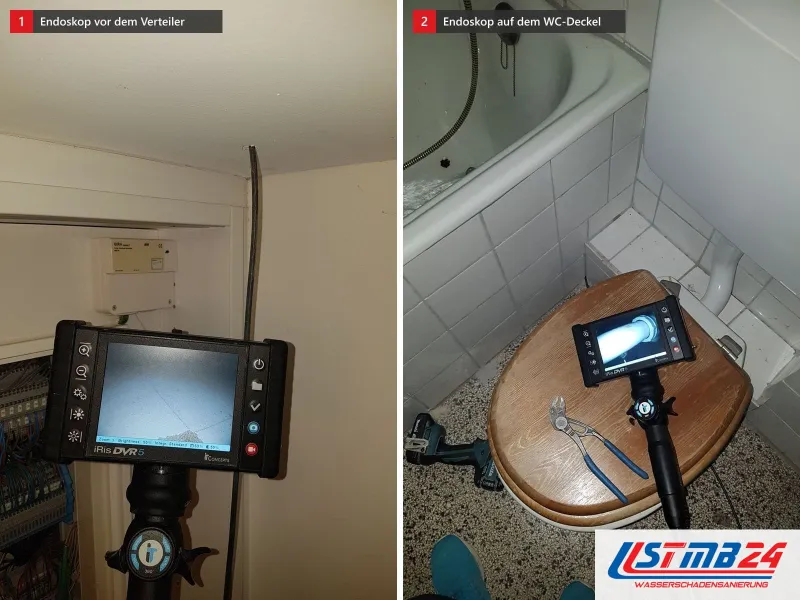 Zwei Ansichten: Endoskop mit Monitor vor einem offenen Verteiler mit Klemmen, daneben Endoskop auf einem hölzernen WC-Deckel