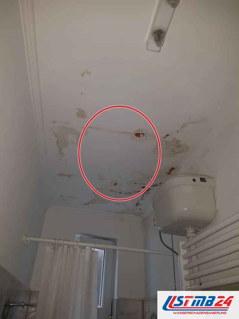 Bad vor der Sanierung, Decke mit abblätternder Farbe und braunen Flecken, hoch hängender Spülkasten, ein roter Kreis markiert die Stelle