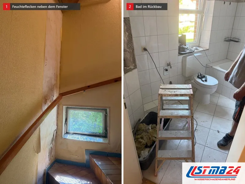 Zwei Ansichten: Treppenhauswand mit Feuchteflecken neben dem Fenster, daneben Bad im Rückbau mit Leiter, Mörtelwanne und geöffneter Wand